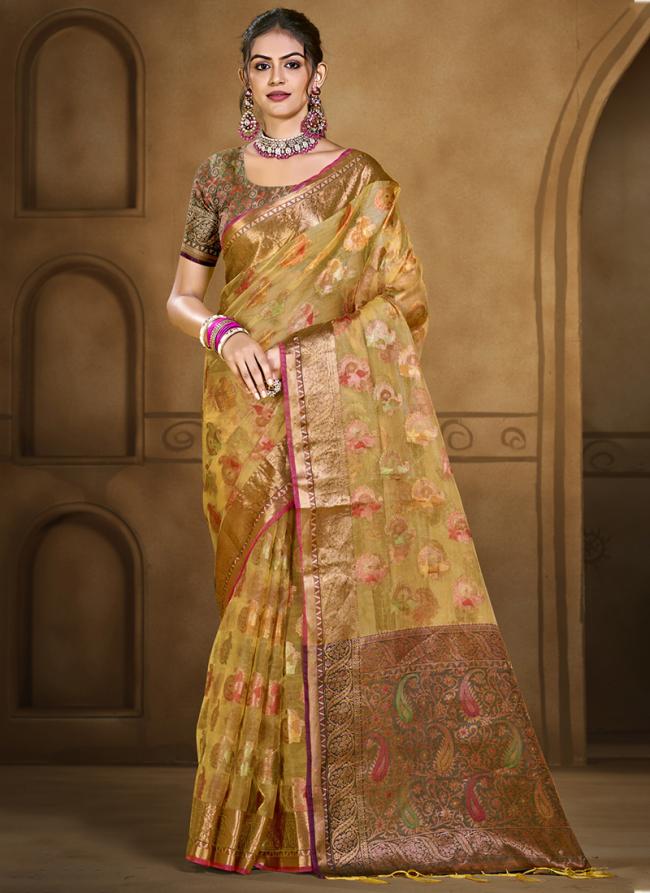 Organza Light Yellow Festival Wear Weaving Saree